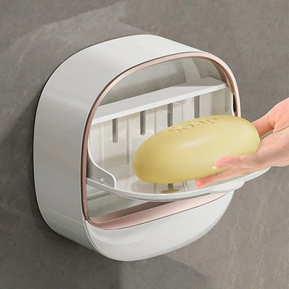 SwiftCart®  Wall-Mounted Soap Box | Punch-Free Drain Soap Holder with Lid - SwiftCart