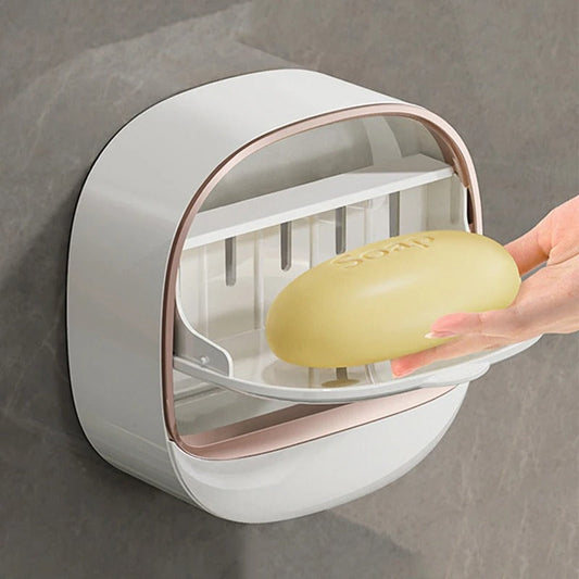 SwiftCart®  Wall-Mounted Soap Box | Punch-Free Drain Soap Holder with Lid - SwiftCart