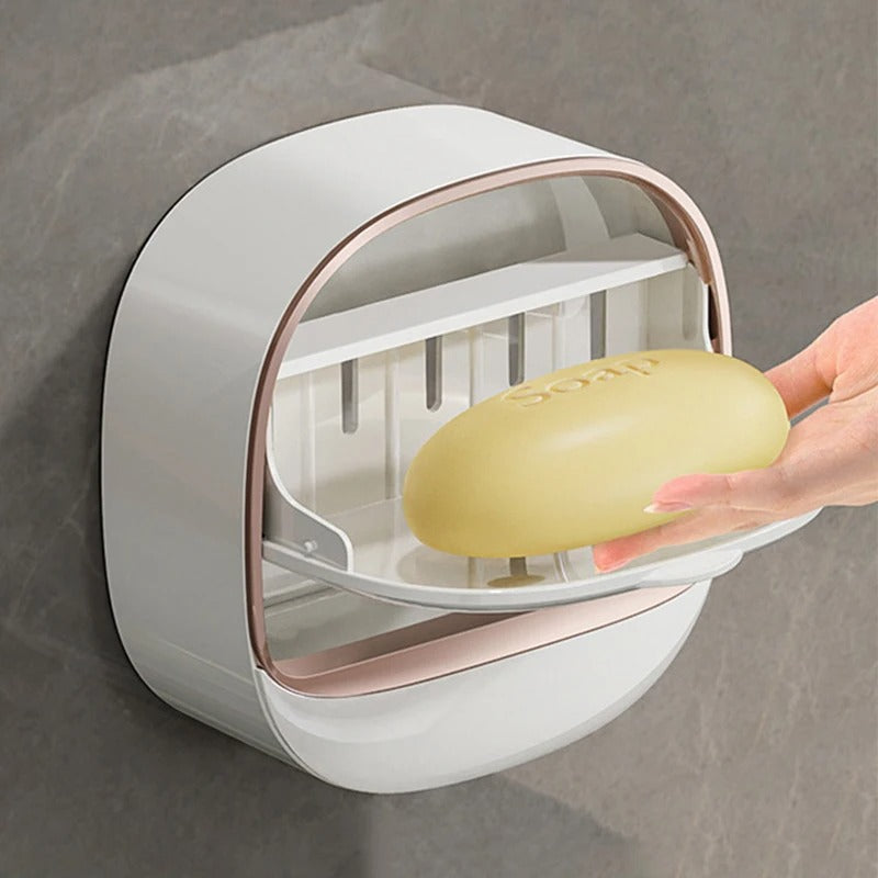 SwiftCart®  Wall-Mounted Soap Box | Punch-Free Drain Soap Holder with Lid - SwiftCart